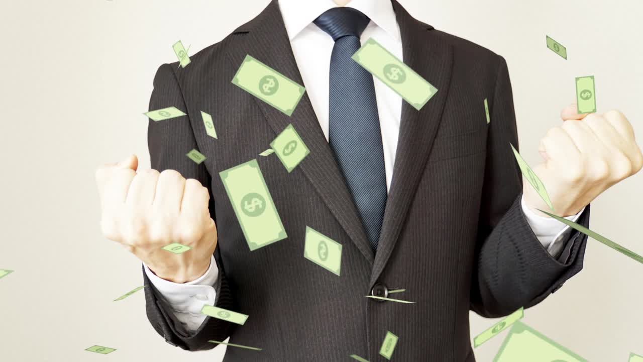 사업가들과 돈이 공중에 날아다니고 있습니다.