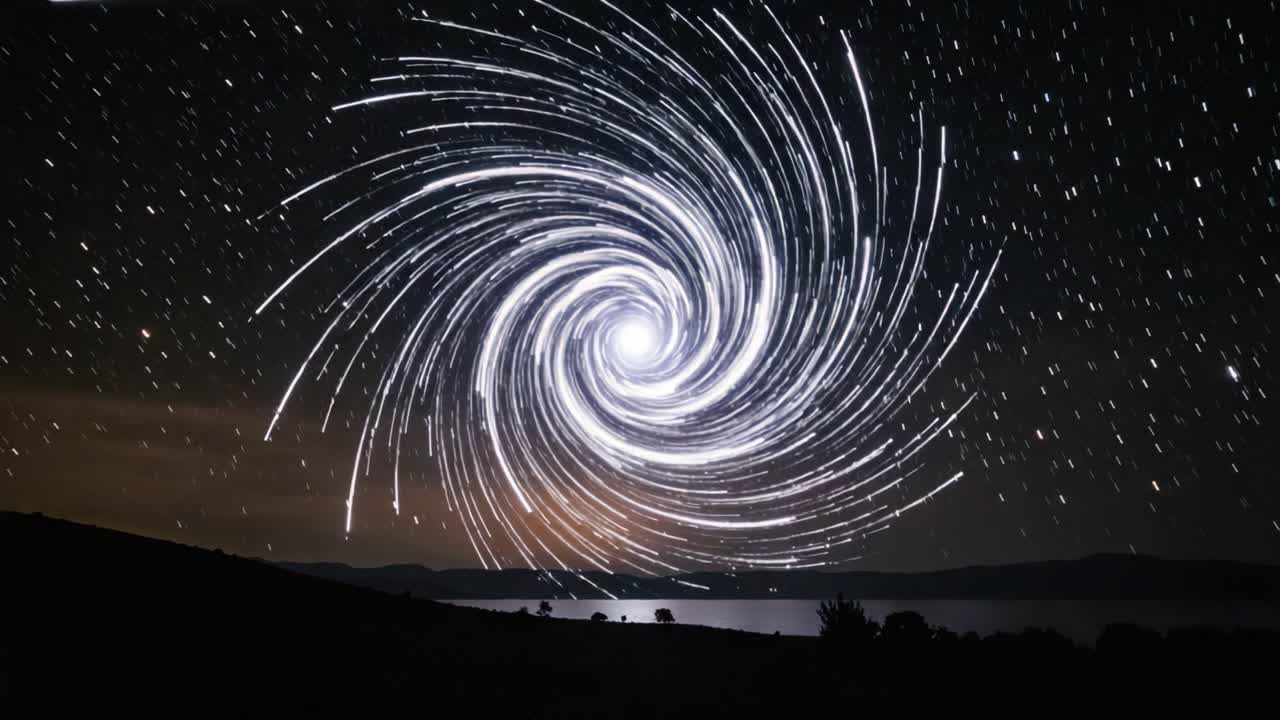 A mesmerizing spiral of light illuminating the night sky, showcasing a stunning cosmic vortex amidst the stars and serene landscape of a tranquil lake