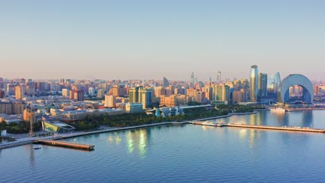 Beautiful-aerial-panorama-of-Baku-at-sunset,-Azerbaijan