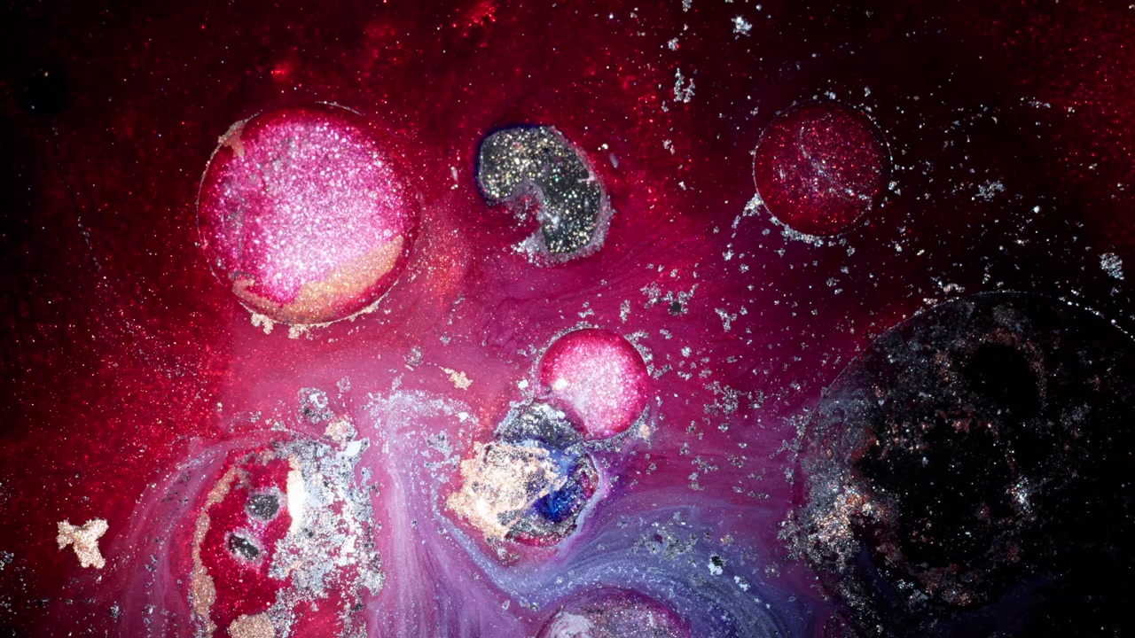 Moody macro perspective of red and purple alcohol ink blending into a marbled liquid texture, mimicking a microscopic biological environment.