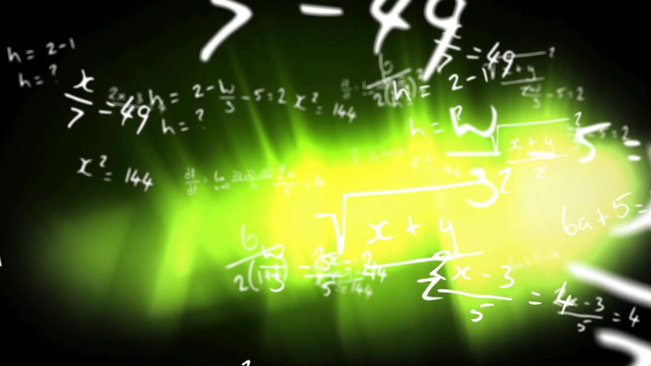Equazioni matematiche scritte a mano in bianco che fluttuano su uno sfondo neon luminoso in un'illustrazione 3D animata.
