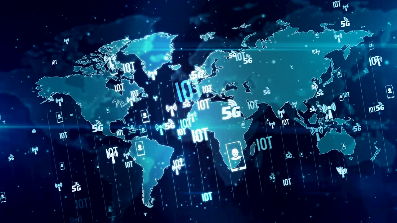디지털 세계 지도 루프에 5g 기호와 원활한 배경