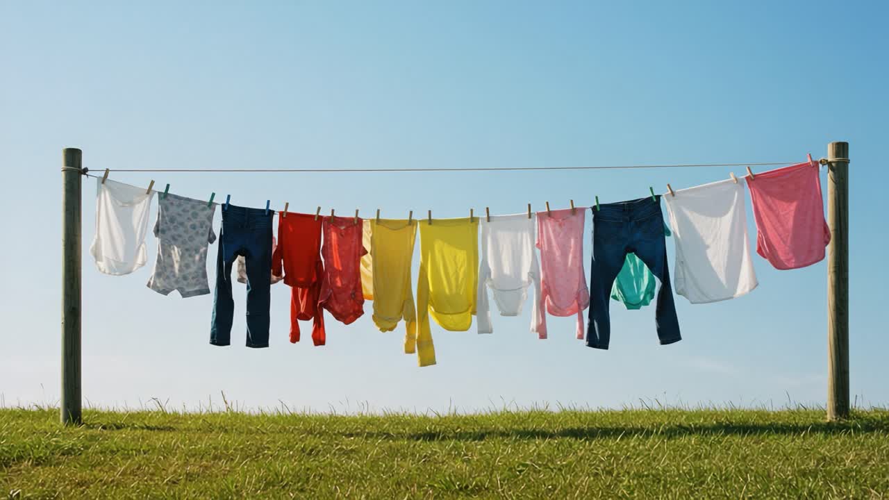 Colorful Laundry Displayed on a Clothesline Under a Clear Sky, Showcasing Freshly Washed Clothing in Various Hues and Textures for an Inviting Outdoor Scene
