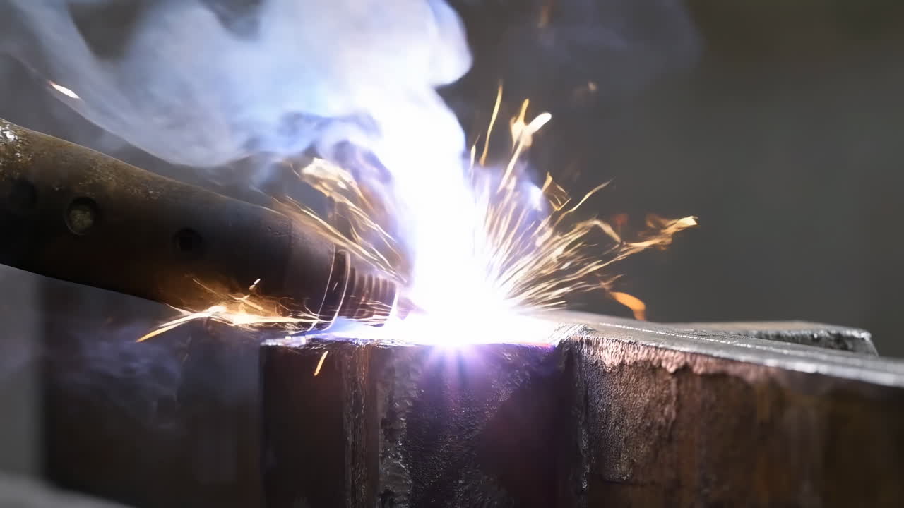 Closeup Welding Torch Cutting Steel, Bright Blue Plasma Arc Emits Sparks And Smoke, Handheld Torch Melts Joint