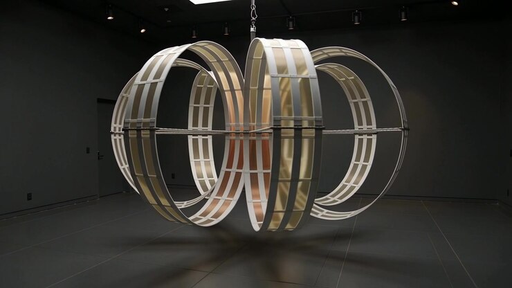 Scultura cinetica rotante a motore che mostra costole e pannelli caldi in una galleria in penombra