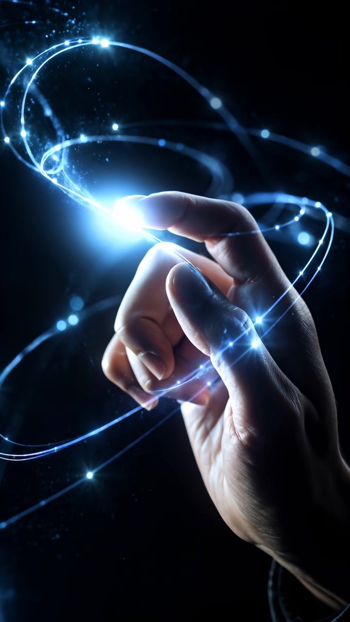 Vista próxima mostra o movimento da mão através de caminhos de luz brilhantes e fluidos em um espaço preto, com reflexos azuis mutáveis, rastros suaves e formas curvas em mudança envolvendo os dedos durante o movimento.