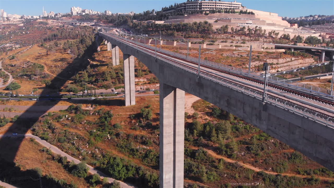 Large Railway bridge with cars traffic Aerial view