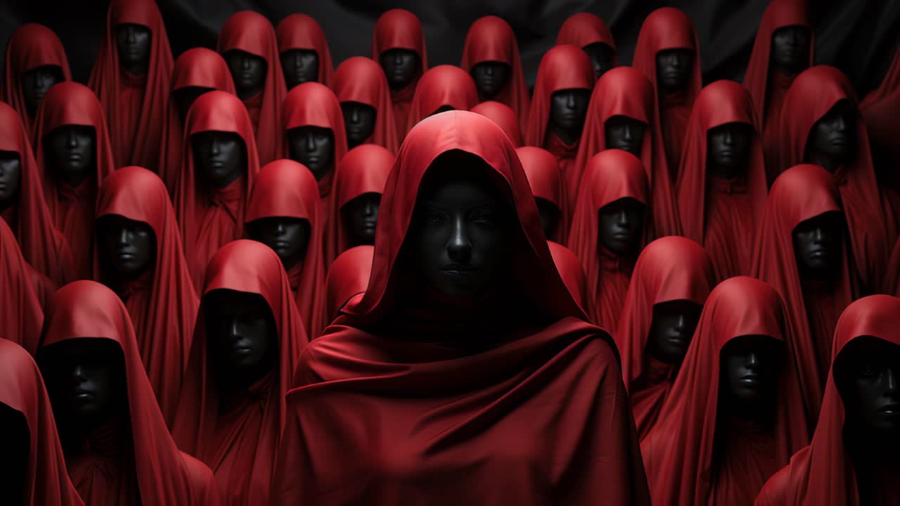Red cloaked figures a mysterious lineup of hidden identities