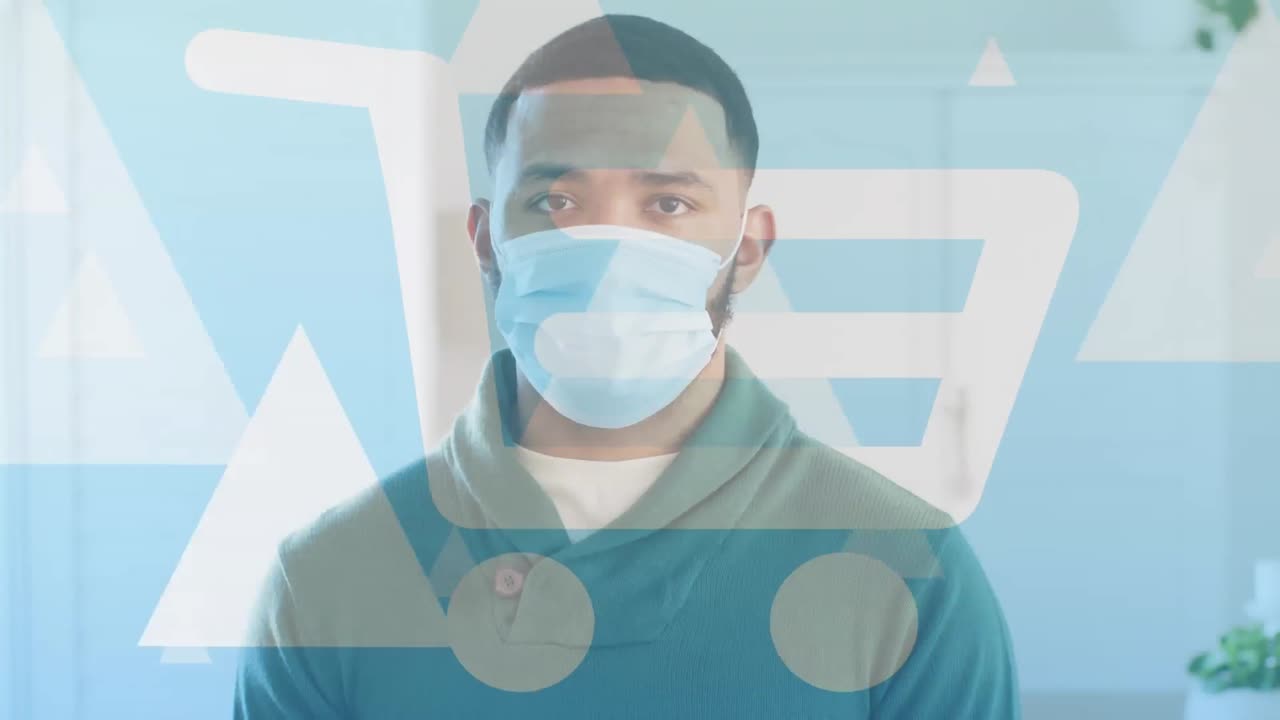 얼굴 마스크를 입은 남자 위에 쇼핑 카트의 애니메이션