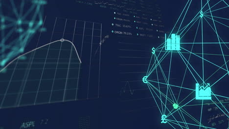 animación del procesamiento de datos financieros y la red de conexiones con íconos en fondo negro