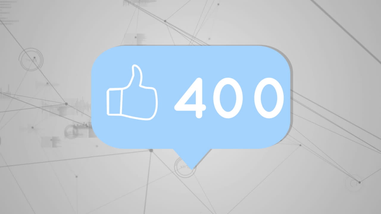 Animation of social media thumbs up icon over network of connections