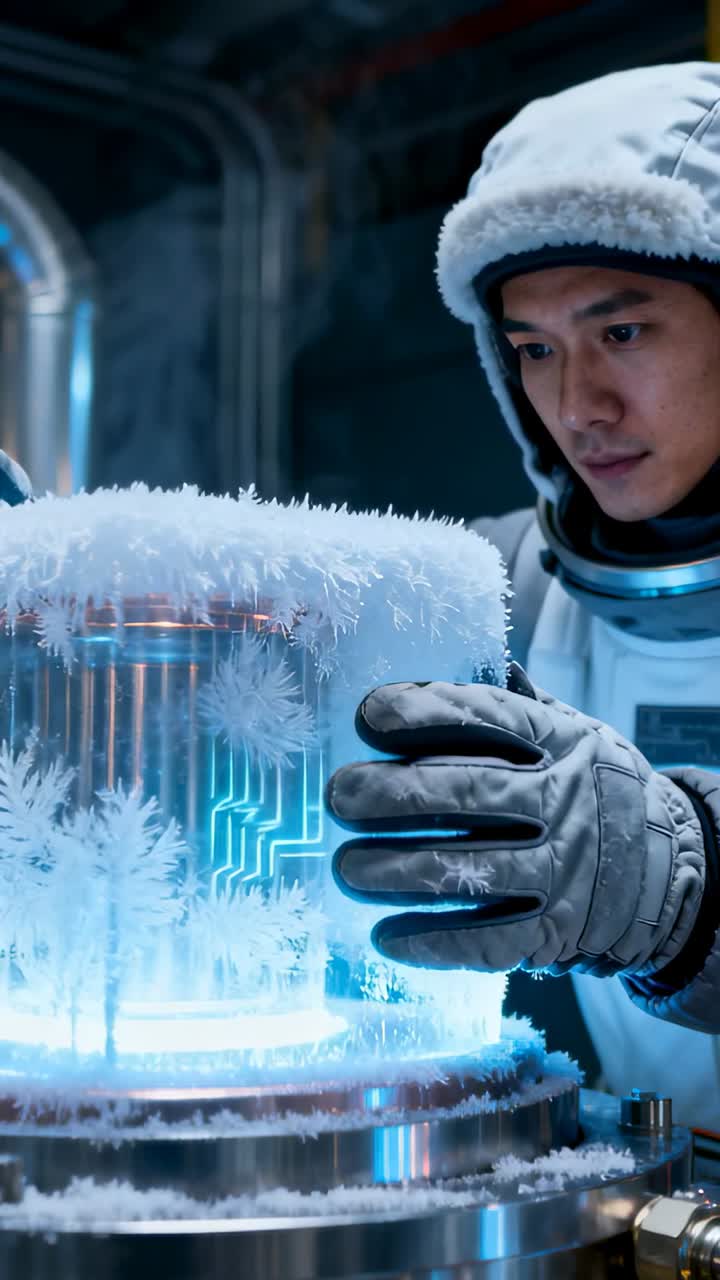 Vertical video: Leaning, tech in parka rotating iced cylinder, checking blue circuits in cold lab