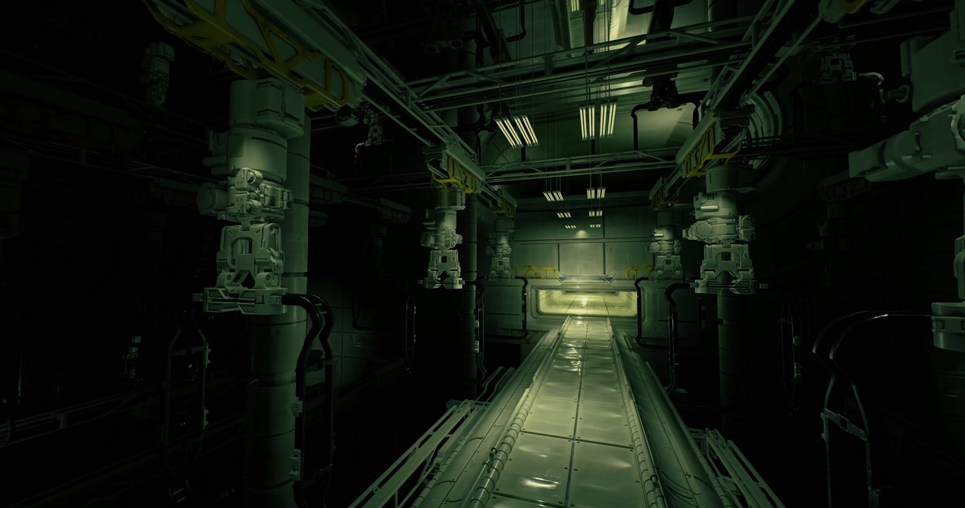 Enclosed factory tunnel with damp walls and eerie green lighting