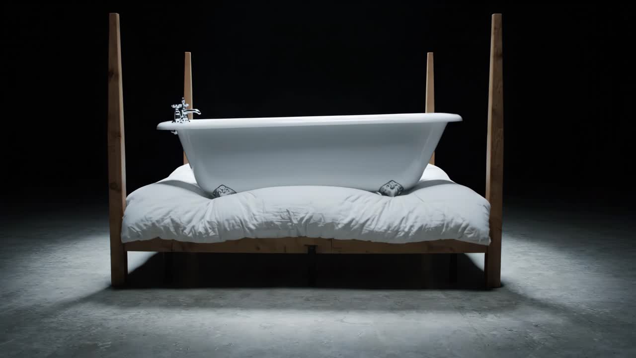 Bathtub Descends onto Bed with White Duvet, Followed by Falling Feathers