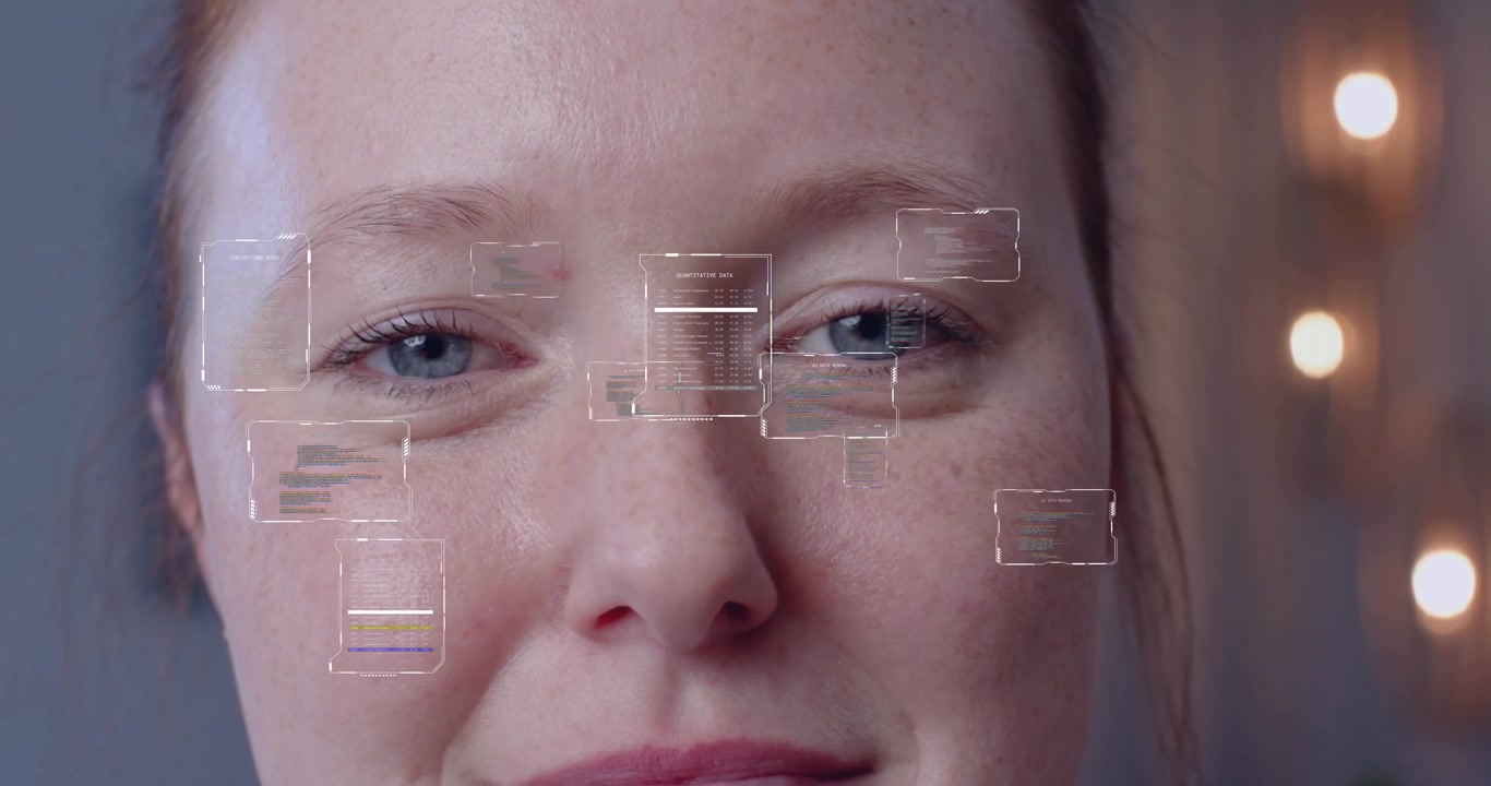 female undergoing scanning as floating UI boxes shifting and eyes opening for technology analysis