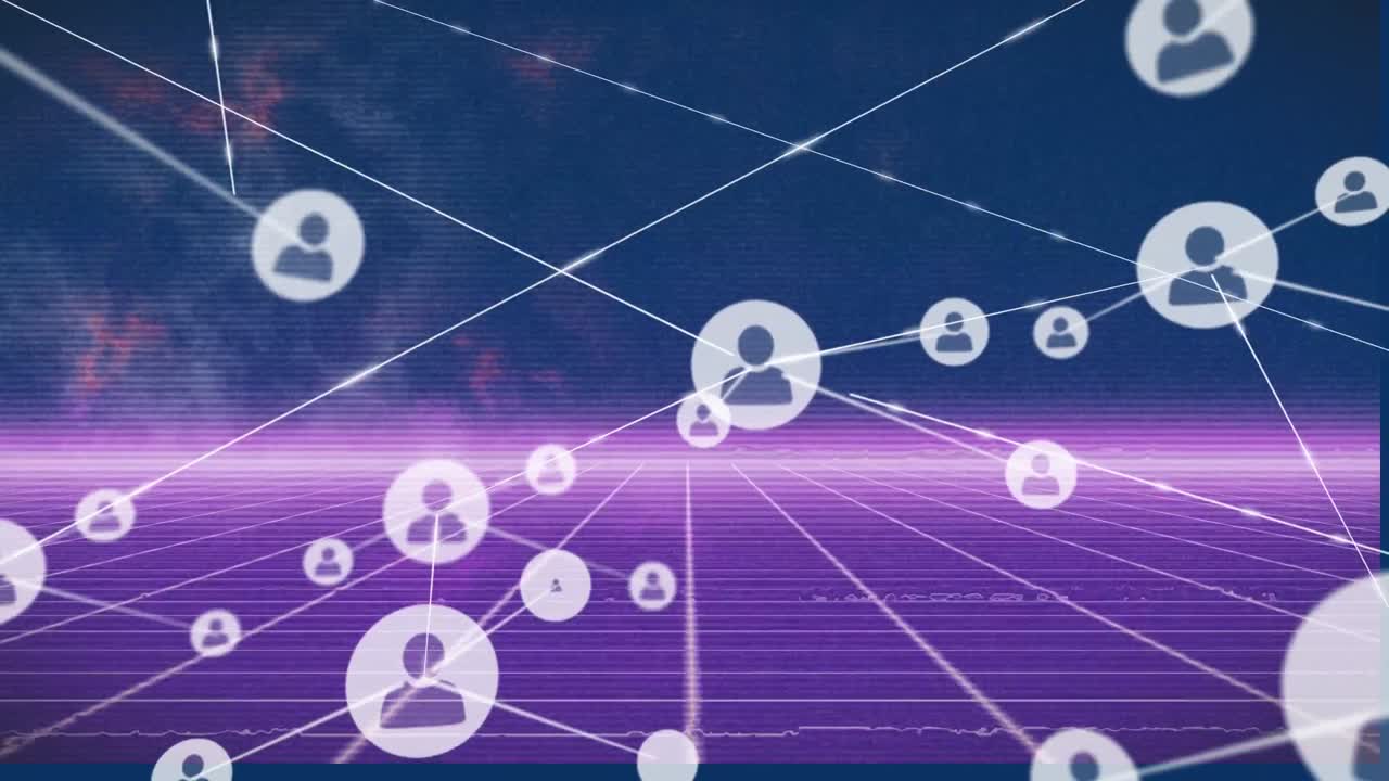 추상적인 배경에 있는 그리드 패턴 위의 선으로 상호 연결된 프로필 아이콘의 애니메이션