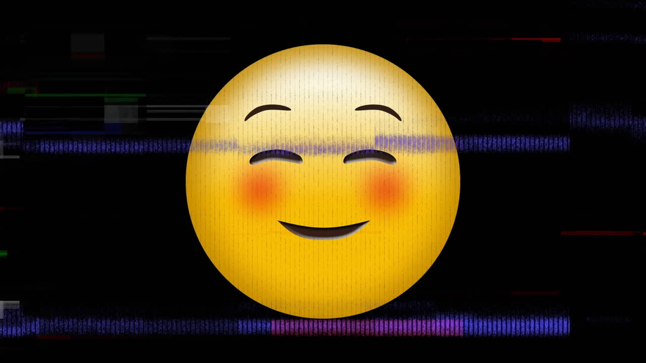 Digital animation of tv static effect over blushing face emoji against black background