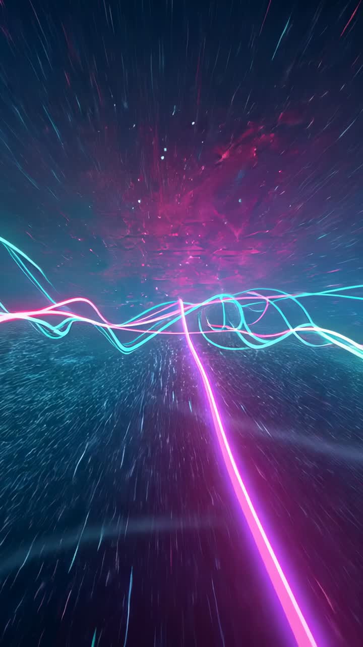 Vertical video: Starting neon ribbons unfurling through tunnel with star flares evoking speed