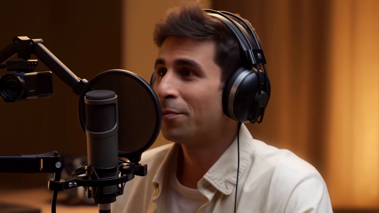 Male Singer In Recording Studio Delivering Intimate Vocal Performance Into Condenser Microphone, Wearing