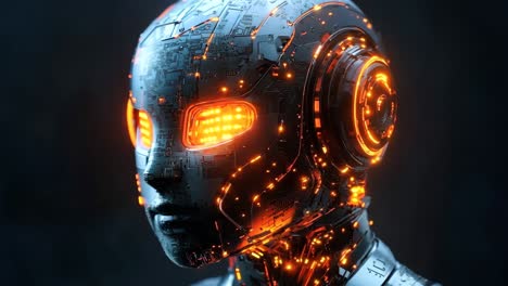 a close up of a robot head with glowing eyes