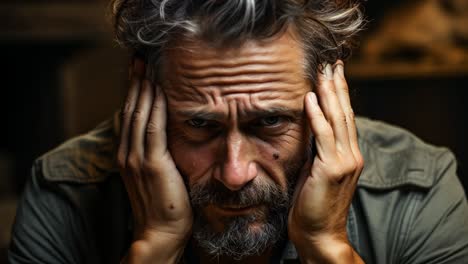 man with messy hair expresses deep emotions in dimly lit room