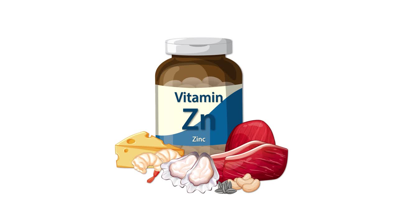 Zinc supplement bottle with cheese, meat, garlic, and nuts appears, arranged on white background