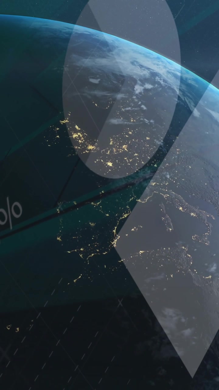 Animation of statistical data processing over globe against screens of network of connections