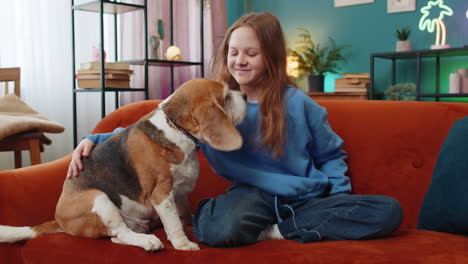 portrait of smiling preteen child girl embracing caressing cute beagle dog sitting on home sofa