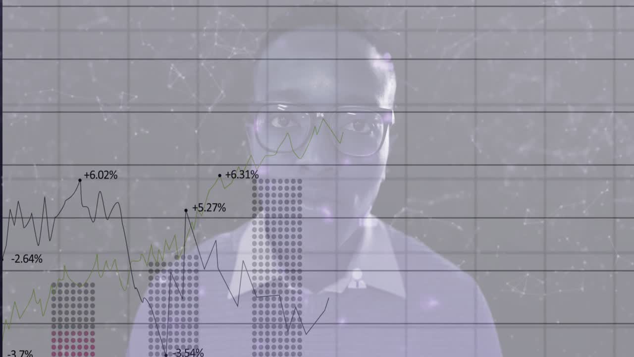 Middle-aged man presenting finance data over translucent grid network while line chart oscillating
