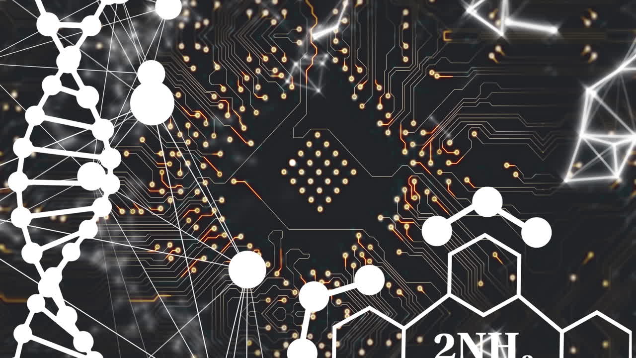 검은 바탕에 있는 컴퓨터 회로판 위에 있는 dna 가닥과 화학 공식의 애니메이션