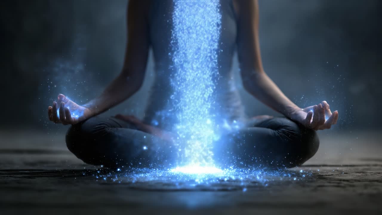Meditatif Dönüşüm: Parlayan Parçacıklar ve Ruhsal Bağlantı Aracılığıyla Temsil Edilen İç Huzur ve Kozmik Enerjinin Mistik Deneyimine Derin Bir Dalış.