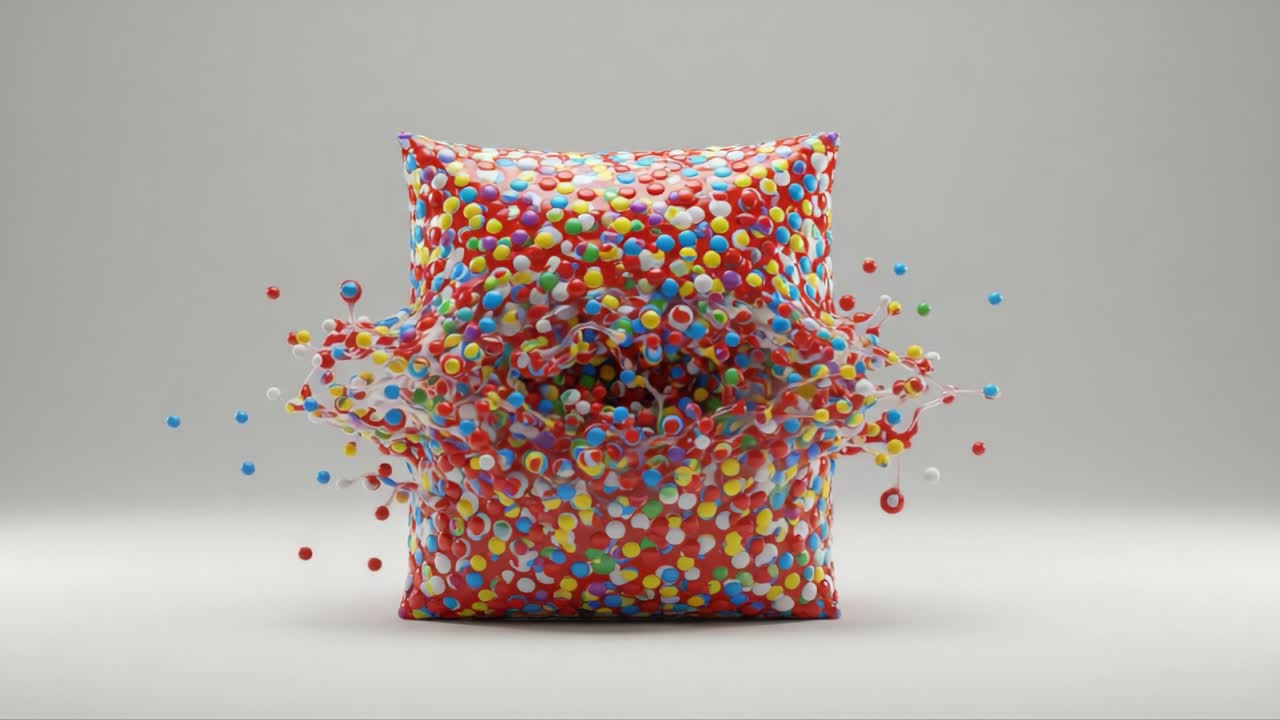 A Colorful Explosion of Spheres from a Cushion, Capturing the Moment of Dynamic Displacement and Vibrant Chaos in Artful Design and Visual Presentation