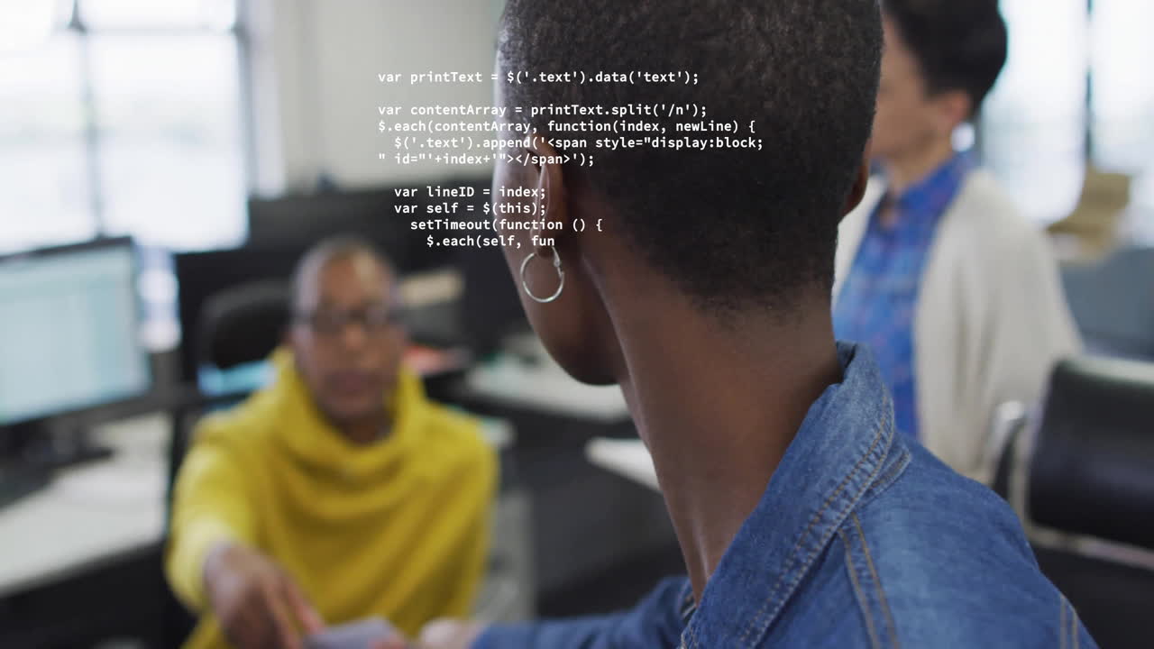 Animation of data processing over diverse colleagues working in creative office