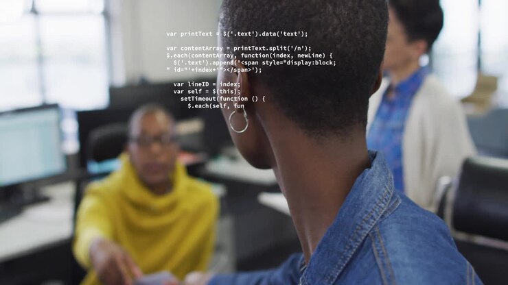 Animation of data processing over diverse colleagues working in creative office