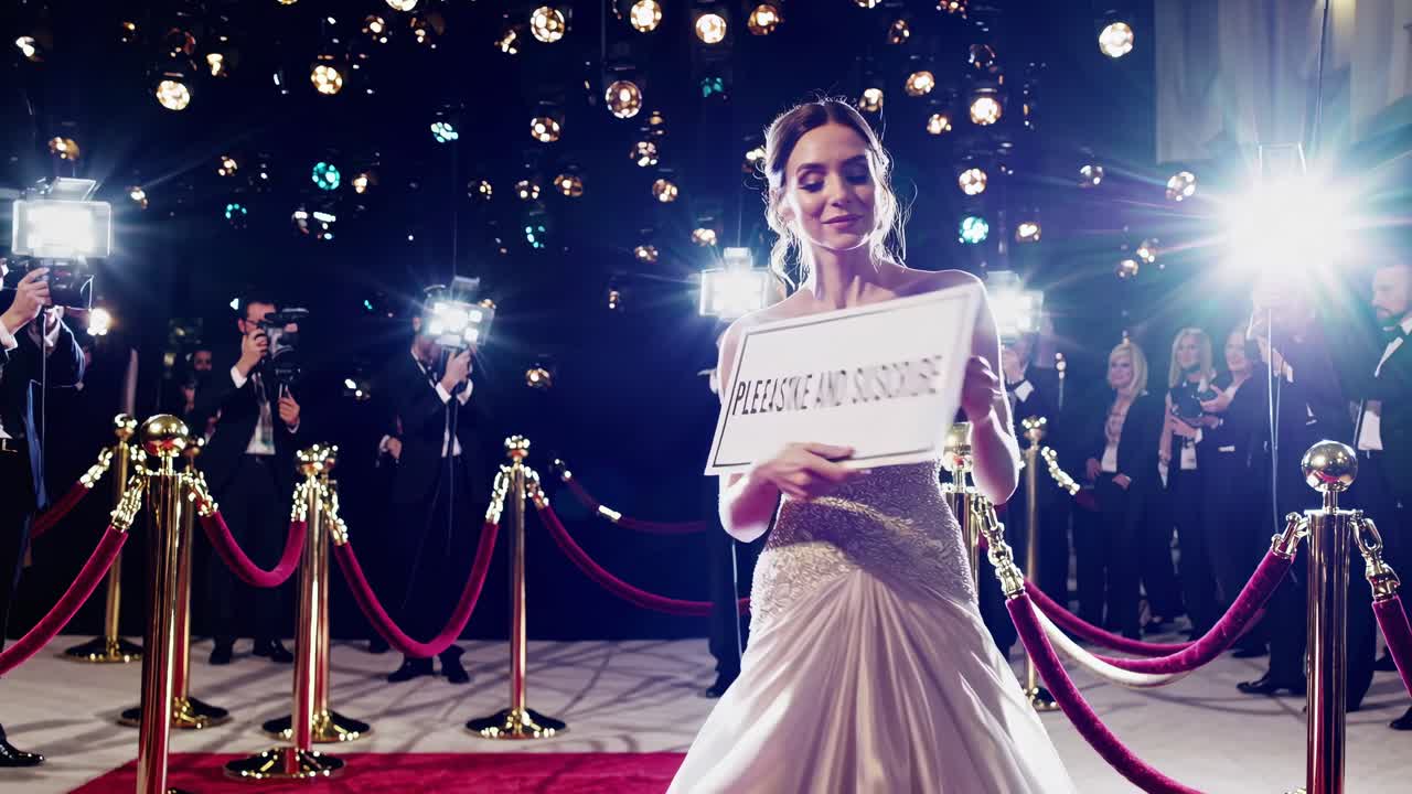Glamorous red carpet scene with a woman holding a sign, surrounded by flashing cameras