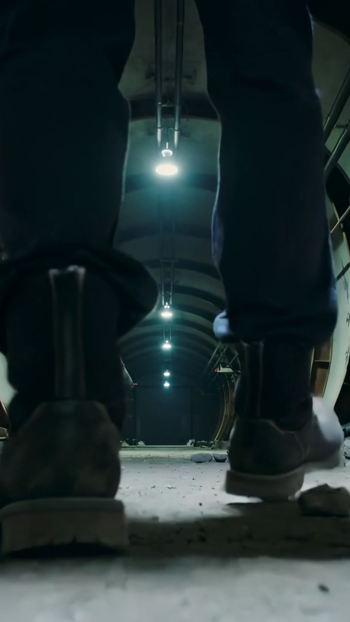 Vertical video: Boots stepping, legs walking through tunnel in cuffed pants, showing prosthetic rod