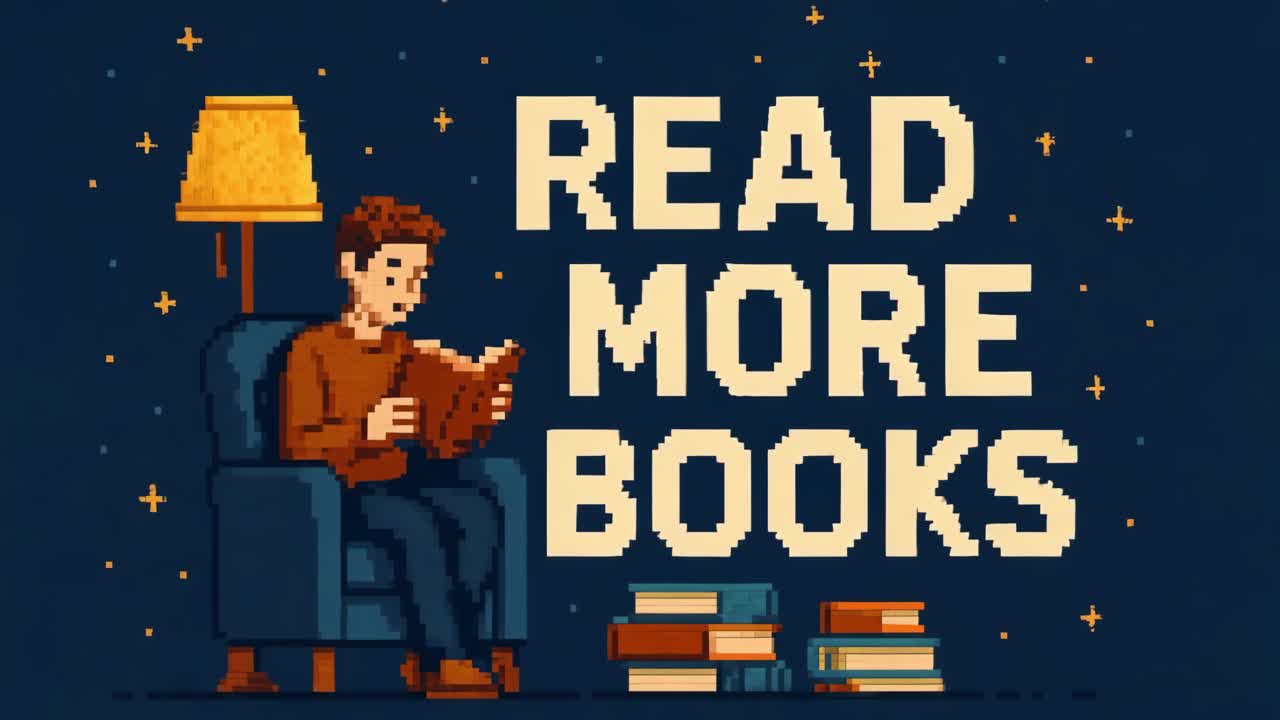 Young man reading a book in cozy chair with warm lighting and stacks of books nearby