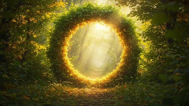 Enchanting Forest Portal: A Natural Archway Framed by Lush Greenery and Bathed in Ethereal Light, Inviting Exploration into the Mystical Depths of Nature