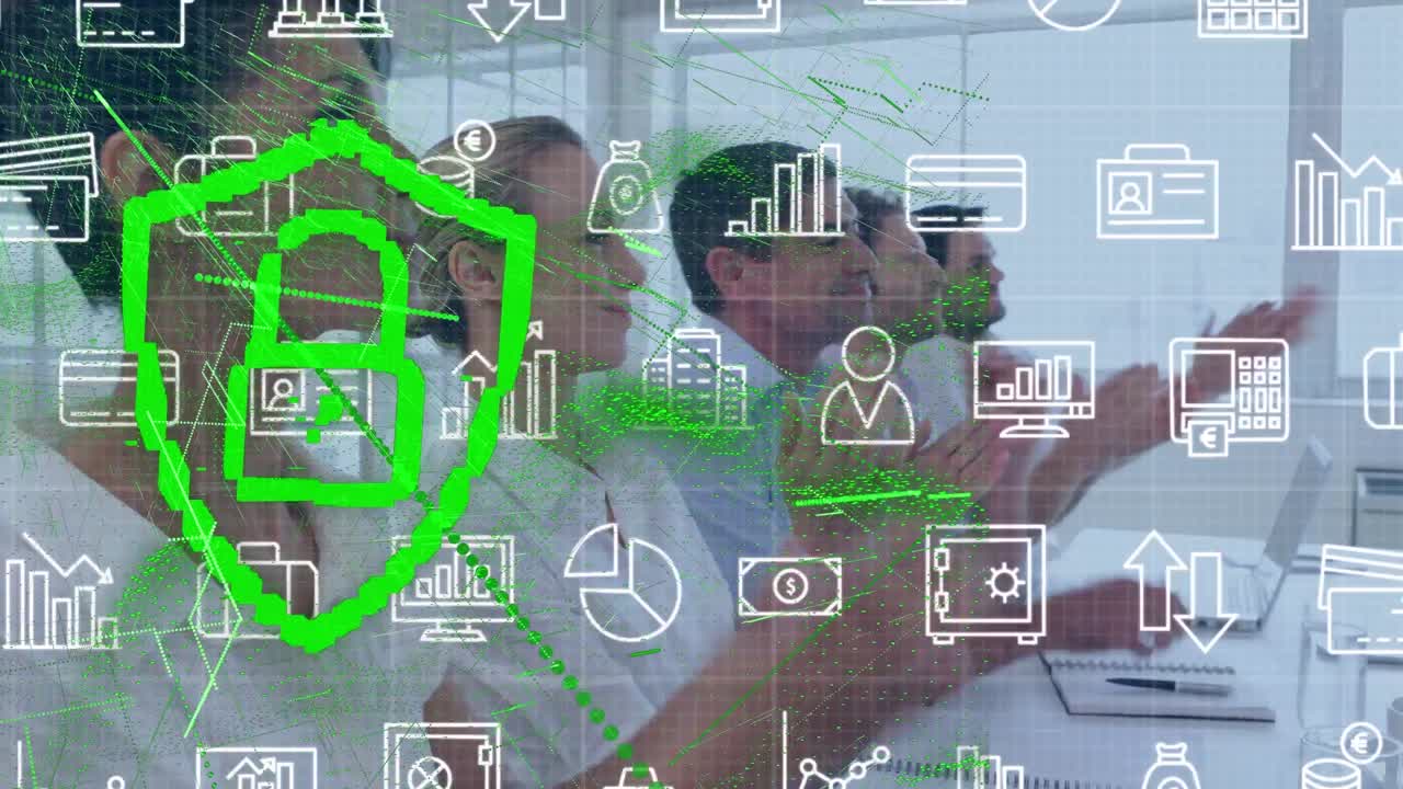 animación de candados e iconos sobre diversas personas de negocios en la oficina