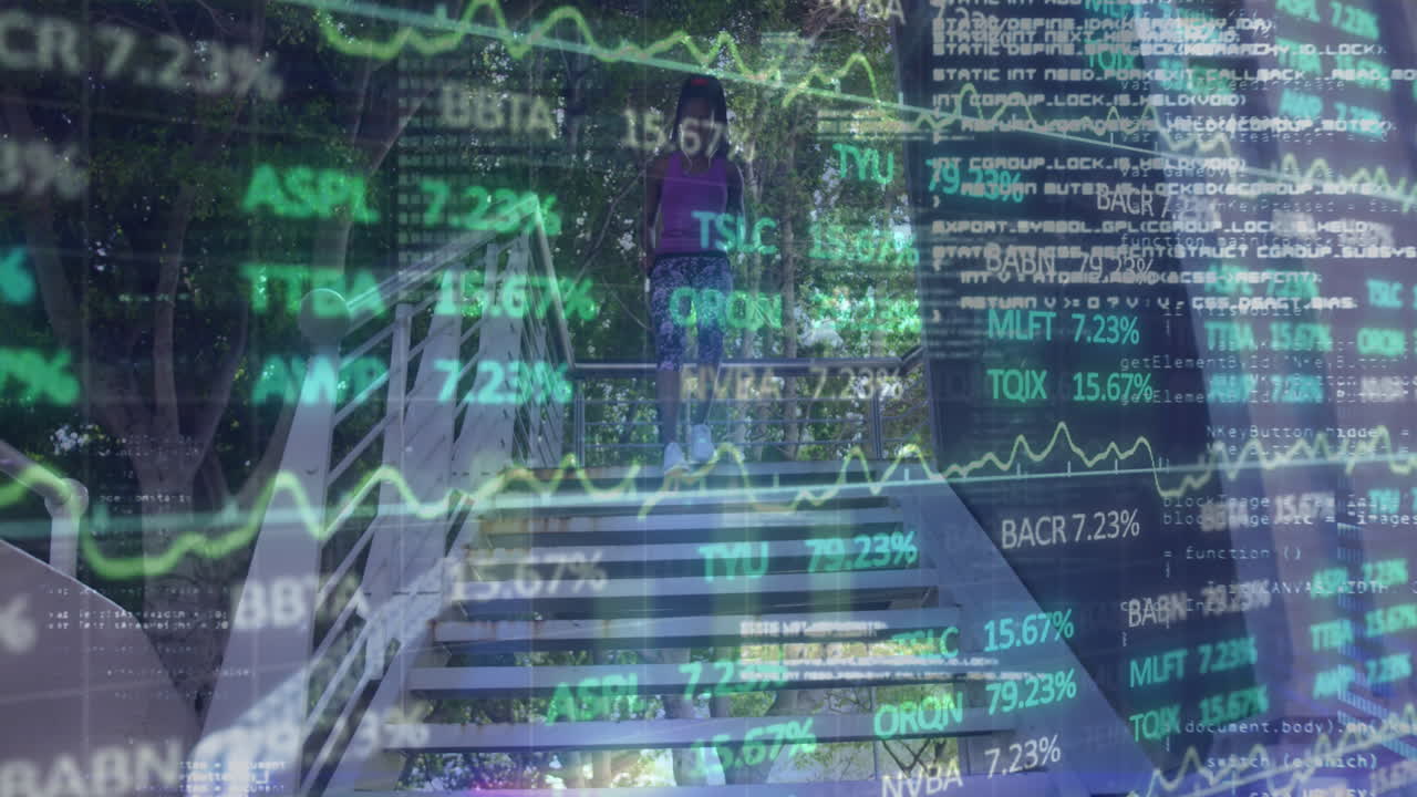 animazione di dati finanziari e grafici su donna afroamericana che corre sulle scale