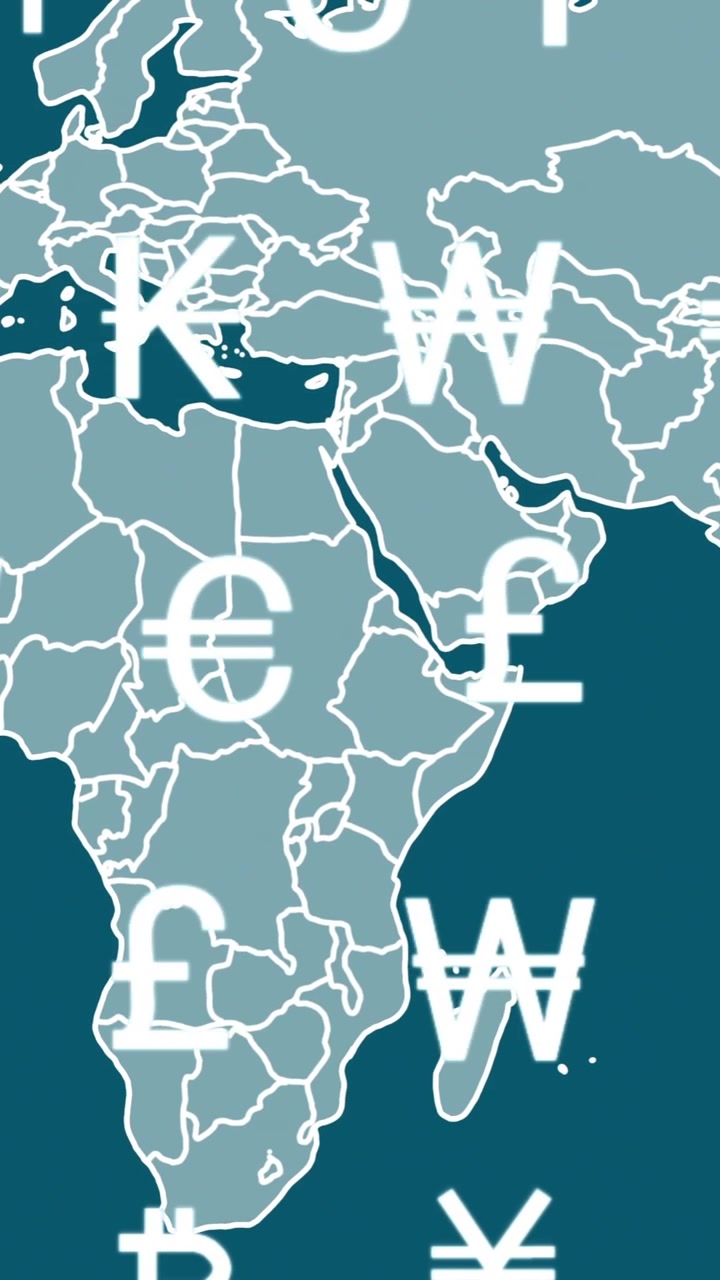 Animation of international currency symbols moving over blue world map