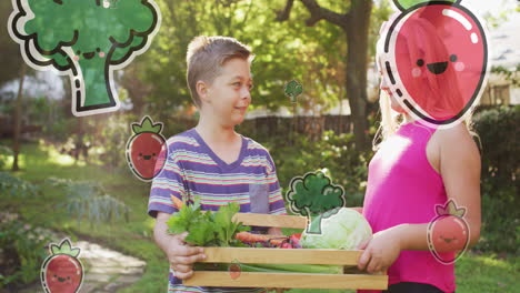 animation of fruit and vegetables icons over happy caucasian siblings with box of vegetables