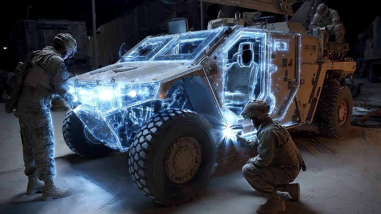 Soldati che eseguono la manutenzione su un veicolo militare avanzato di notte