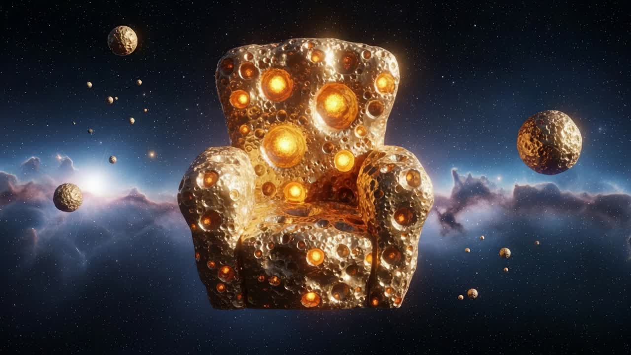 A Golden Armchair Adorned with Glowing Orbs Floating in a Cosmic Environment, Surrounded by Celestial Bodies and Captivating Galactic Colors