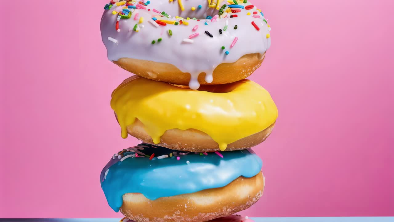 Three colorful donuts. Each adorned with dripping icing and vibrant sprinkles. Are stacked against a playful pink and light blue background. Creating an irresistibly sweet and tempting visual delight
