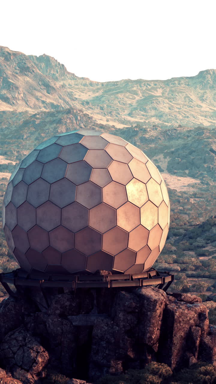 una cúpula de metal futurista se encuentra en la cima de una montaña rocosa, con vistas a un vasto paisaje alienígena.