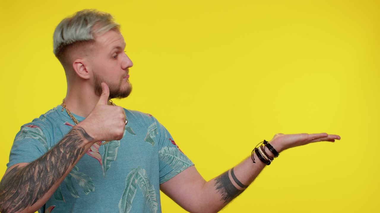 Man pointing empty place, advertising area for commercial text, copy space for goods promotion