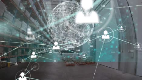 animation of network of connections with icons and data processing over warehouse