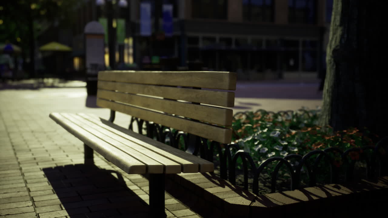Wooden bench surrounded by flowers in a quiet downtown area at night