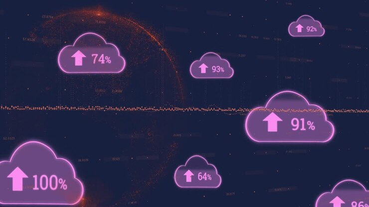 Animation of cloud upload icons and data processing over globe against blue background